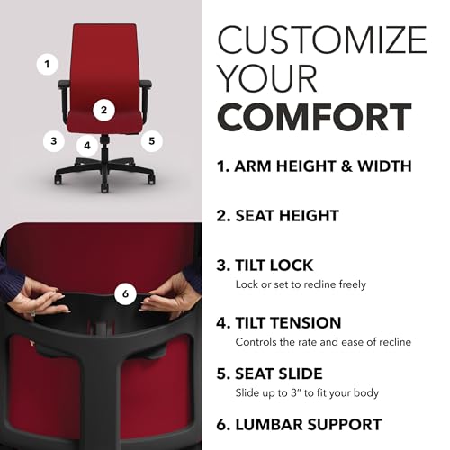 Image of HON Ignition 2.0 Mid‑Back Ergonomic Office Chair, Mesh Task Desk Chair with Lumbar Support, Standard Synchro‑Tilt, Height and Width Adjustable Arms, Black Frame, Bullseye