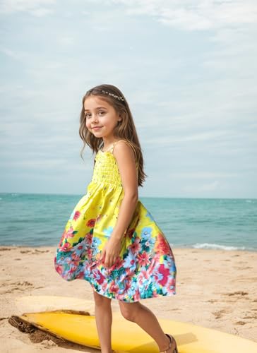 Girls Bohemian Dresses Floral Sleeveless Rainbow Beach Sundress with Necklace 2-12T4