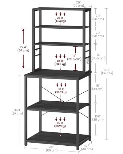 Image of VASAGLE Coffee Bar, 23.6 Inches Baker's Rack for Kitchen with Storage, 6-Tier Kitchen Shelves with 6 Hooks, Microwave Stand, Industrial, Charcoal Gray and Ink Black UKKS024B22