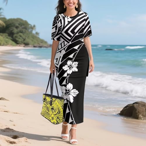 Image of Puletasi Samoan Traditional 2 Piece Outfits for Women Short Sleeve Crop Top and Maxi Skirt Sets Puletasi Dress