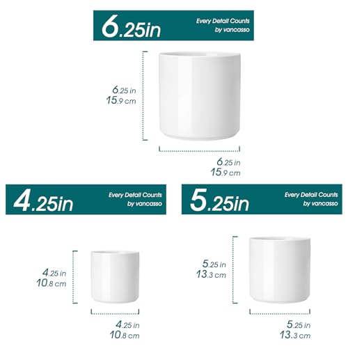 Vancasso White Ceramic Plant Pots, 3-Pack 4.25" to 6.25", Drainage Hole