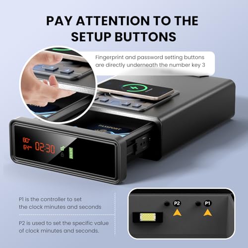 Biometric Smart Safe with Wireless Charging for Phone and Watch, Quick Access Stopbox with Backlit Keypad,Auto Open Drawer Gun Lock Box with Humidity,Temperature, Digital Clock,LED Screen 1PCS