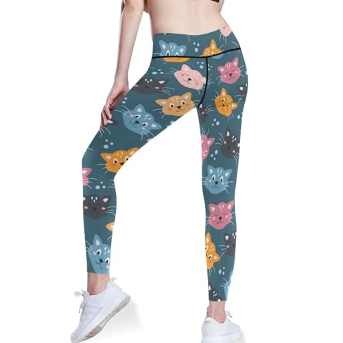 KLL Rostos coloridos de gatos em um fundo azul calças de ioga sexuais para mulheres sem costura crop