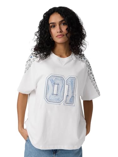 Image of The Souled Store Floral Varsity Women and Girls Short Sleeves Round Neck White Embroidered Cotton Oversized T-Shirts