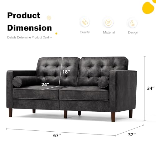 Image of 67 inch Suede Leather 2-seat Sofa with Two Bolster Pillows, Tufted Loveseat with Wooden Legs, Morden Sofa Suitable for Living Room, Office, Black