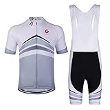 GWELL Maillot de ciclismo para hombre, camiseta de manga corta y pantalones cortos con acolchado para el asiento Gris (con tirantes blancos). M