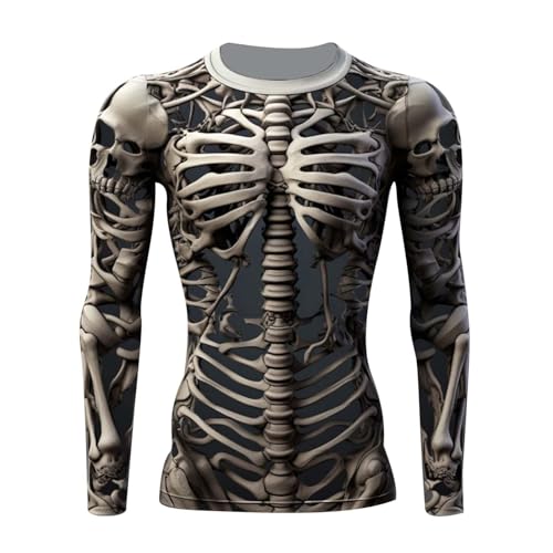 Vekewsap Camiseta de calavera para hombre, cuello redondo, 3D, esqueleto impreso, ropa de calle, camiseta de entrenamiento, camiseta deportiva ajustada, camiseta de manga larga, suéter divertido