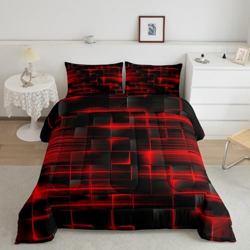 Feelyou Red Black Bedding Set Full Size Boys Girls Geometric Strip Lines Comforter Set for Kids Geometry Comforter Abstract Modern Duvet Set Room Decor Duvet Set