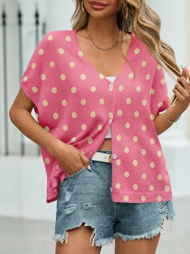 Image of Saodimallsu Womens Summer Oversized Cardigans Batwing Short Sleeve Lightweight Button V Neck Casual Knit Sweater Tops