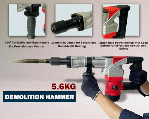 Image of Inditrust Dumdaar 7kg Electric Demolition Hammer, (RED) 100% copper winding 1500W, 360 Rotating Handle, with Anti vibration control handle, 2900 RPM
