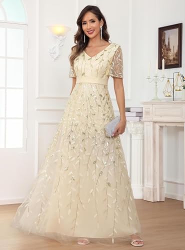 Sparkly Sequin Mother of The Bride Dresses for Wedding V Neck Short Sleeve Tulle A Line Long Formal Evening Gown3