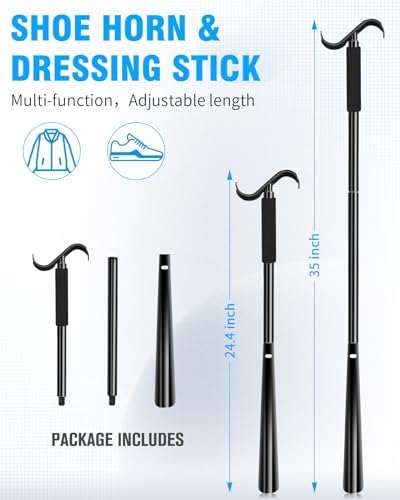 Kekoy 35.5 Inch Long Handled Shoe Horn Dressing Stick Sock Remover Aid Helper- Sock Aide Device with Foam Handles, Easy to Use Sock Helper- Button Hook with Zipper Pull Button Assist Device, Black
