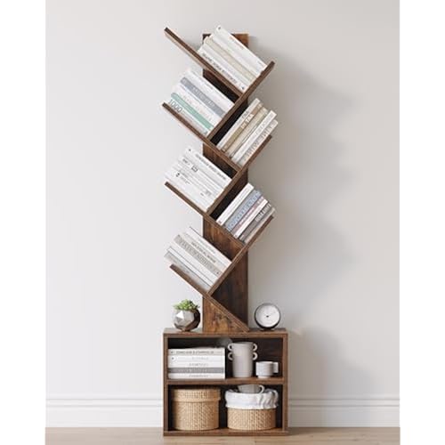SUNMORY 6 Tier Tree Bookshelf, Tall Small Bookcase with Storage Cabinet | Modern Narrow Bookshelves Organizer, Floor Standing Book Case Shelf for Bedroom Living Room Home Office Corner, Rustic Brown