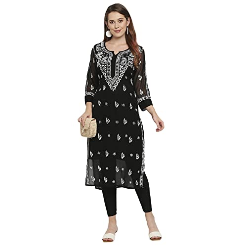 Image of indiankala4u Lucknow Chikankari Hand Embroidered Kurta for Women with Matching Inner, Georgette