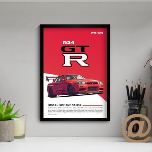 Image of Nissan GTR R34 Poster | Framed Poster of Nissan Godzilla A4 Sized (31 x 23 cm) | JDM Car Posters for Wall, Supercar Frame | R34 GTR Supercar Frames | Car Posters for Wall, Bedroom, Hostel, Study Room (F 055)