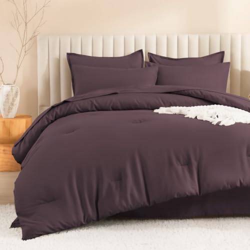 Image of Litanika King Size Comforter Set Plum - 7 Pieces Bed in a Bag King Bedding Comforter Sets, Solid Lightweight Bed Set with Comforter, Sheets, Pillowcases & Shams