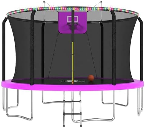 ACWARM HOME Trampoline Outdoor 14FT Trampoline with Basketball Hoop and LED Lights, Recreational Trampolines for Kids and Adults with Net and Ladder, ASTM Approved,Light Purple