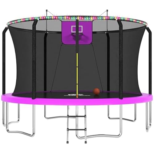 8-16FT Outdoor Trampoline with Net, Basketball Hoop & LED Lights