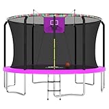 ACWARM HOME 14 FT Trampoline for Kids and Adults, Trampolines with Basketball Hoop and LED Lights,Trampoline Outdoor with Net, ASTM Approved, Purple