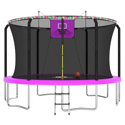 ACWARM HOME 14 FT Trampoline for Kids and Adults, Trampolines with Basketball Hoop and LED Lights,Trampoline Outdoor with Net, ASTM Approved, Purple