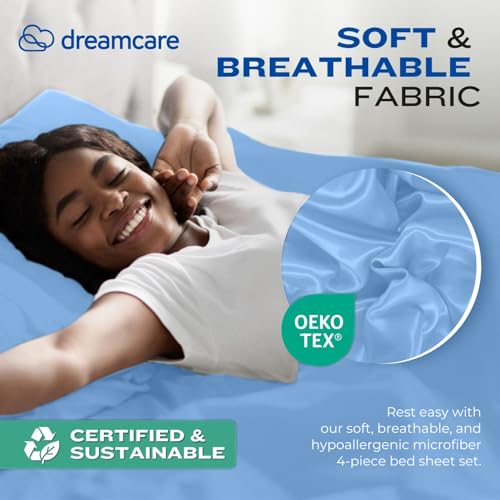 Image of DREAMCARE Queen Sheet Set - 4 pcs Breathable Cooling Sheets - up to 15 inch Deep Pocket Queen Sheets Set with Side Pockets - Extra Soft 100% Brushed Hypoallergenic Hotel Luxury Bedding - Light Blue
