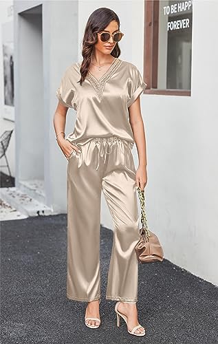 Image of Ekouaer Silk Pajamas Set Womens Lace V Neck Loungewear Short Sleeve Satin Shirt with Long Pant Silky Pjs