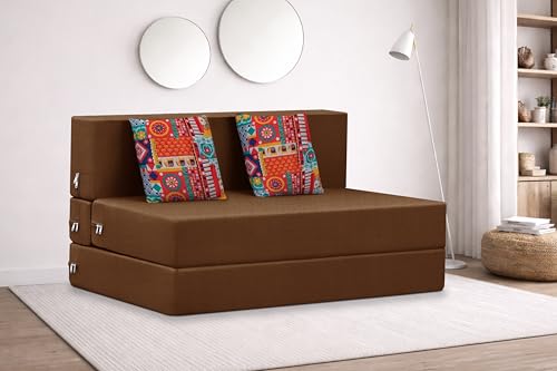 Image of Rosebell Two Seater Foldable Sofa Cum Bed (4x6 Feet) ? Jute Fabric, Washable Removable Cover, Includes Cushion | Space Saving Convertible Sofa Bed for Home, Office & Guests - Brown