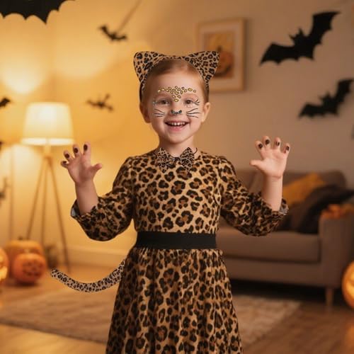 4-Piece Leopard Costume Set, Leopard Ears Headband Bow Tie Tail, Leopard Face Art Sticker Gemstones, Safari Outfit Women for Carnival Halloween Masquerade Party Decoration (A) - View 7