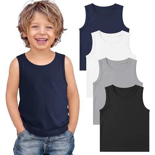 Yooo's Vivi 4 Pack Toddler Boys Tank Tops Sleeveless Crew Neck Shirts Baby Summer T-Shirts Kids Basic Undershirts 18M-5T(18-24 Months,Black, Light Gray, White, Navy Blue)