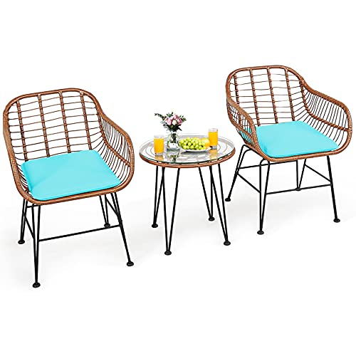 Tangkula 3 Pieces Patio Conversation Bistro Set, Outdoor Wicker Furniture w/Round Tempered Glass Top Table & 2 Rattan Armchairs, Bistro Chat Set w/Seat Cushions for Porch, Backyard, Garden