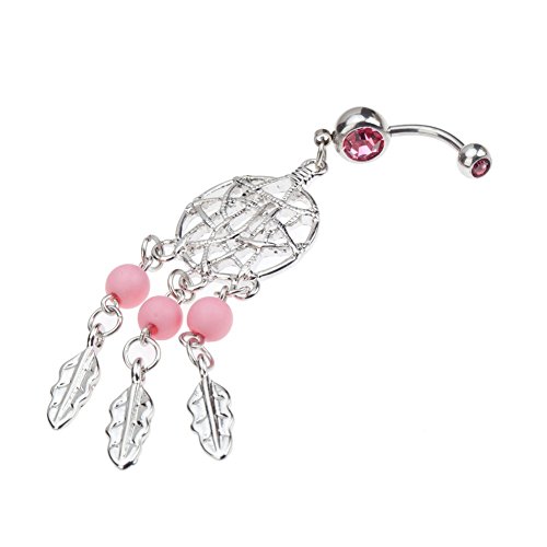 VAGA Belly Button Rings Women Body Jewelry Piercing High Quality stainless steel Bellyring Navel 14 Gauge Piercing With Dream Catcher Pendant, Pink Pearls, 3 Silver Feathers Dangles And Rhinestones