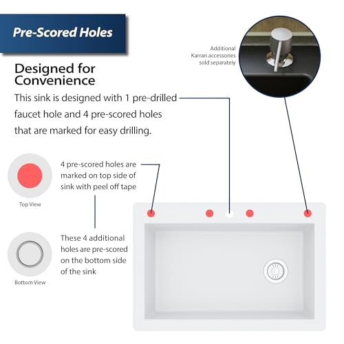 Karran QT-670 Drop-In/Top Mount 33\" Single Bowl Granite Quartz Composite Kitchen Sink in White – Right Side Drain, Extra Deep 9\" Basin, Heat & Scratch Resistant, Sound Dampening