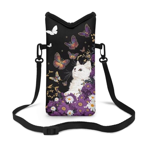 Image of Mini Cell Phone Crossbody Bag Neoprene Smartphone Wallet Bag Shockproof and Waterproof Compatible with Most Smartphones for Traveling, Beach, Cute Cat Butterfly Violet Daisy Black