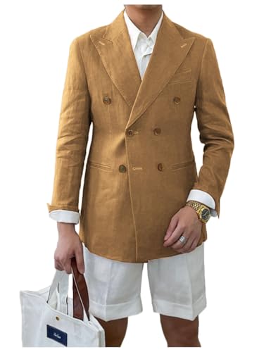 Linen Double Breasted Blazer for Men Fashion Peak Lapel Jacket Slim Fit Business Casual Sport Coats
