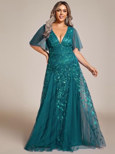 Image of Ever-Pretty Women's Sequin V Neck Plus Size Formal Dresses Evening Gown | Short Sleeve, A-Line, Empire Waist, Plus Size Mother of the Bride Dresses, Plus Size Gala Dress