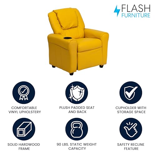 Image of Flash Furniture Vana Vinyl Kids Recliner with Cup Holder, Headrest, and Safety Recline, Contemporary Reclining Chair for Kids, Supports up to 90 lbs., Yellow