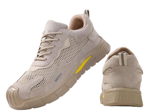 IYVW Safety 672 Arbeitsschuhe Herren S3 Leicht Sicherheitsschuhe Damen Atmungsaktive Stahlkappenschuhe Sportlich Schutzschuhe Beige 43 EU