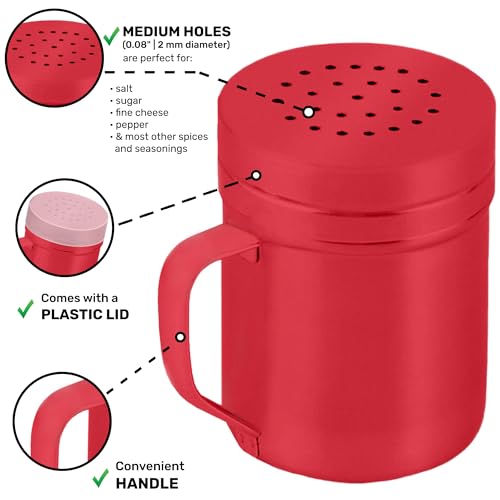 Image of CUSINIUM 6oz Red Stainless Steel Salt Pepper Dredge Shakers - With Plastic Cap - With Handle - Pack of 2