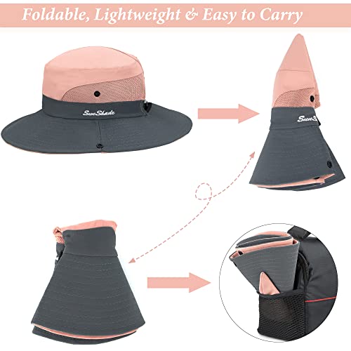 Image of Sun Hat for Women Summer UV Protection Beach Hat Wide Brim Mesh Bucket Fishing Hat with Ponytail Hole Foldable Packable Hat