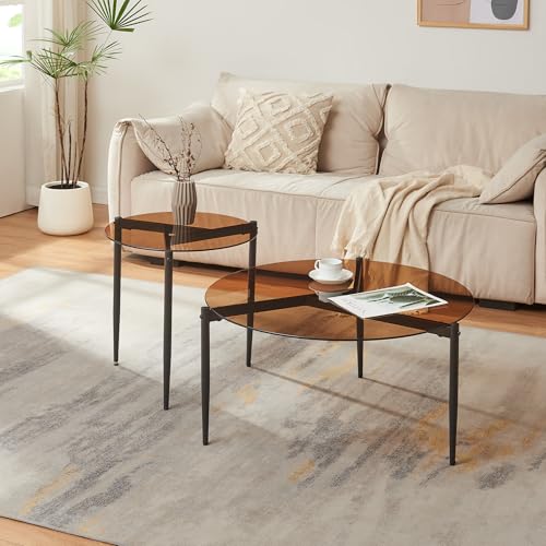 Table basse ronde 80 cm verre fumé, pieds acier [en.casa]