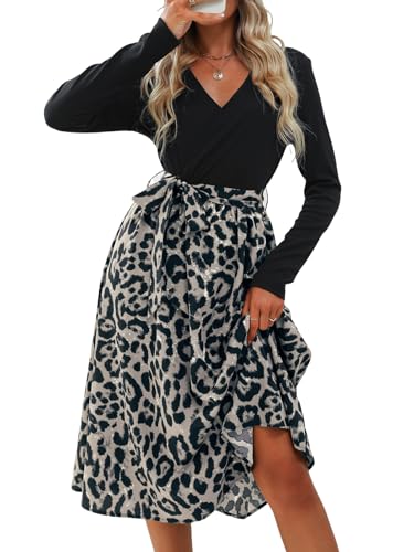 CUPSHE Damen Kleid V Ausschnitt Langarm Taillenschnürung Leopardenmuster A Linien Partykleid Freizeitkleider Lässige Wrap Midi Dress Apricot Leopard...