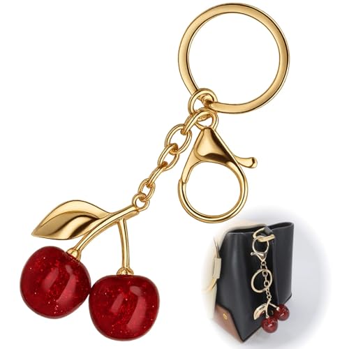 Yowfond 1 porte-clés en forme de cerise, avec pendentif en forme de cerise, accessoire de clé tendance pour sacs, pendentif en forme de feuille dorée