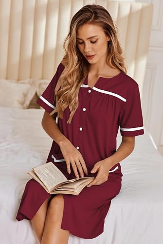 Image of Ekouaer Nightgowns for Women House Dress with Pockets Button Down Sleepshirt Short Sleeve Nightshirt Housecoat