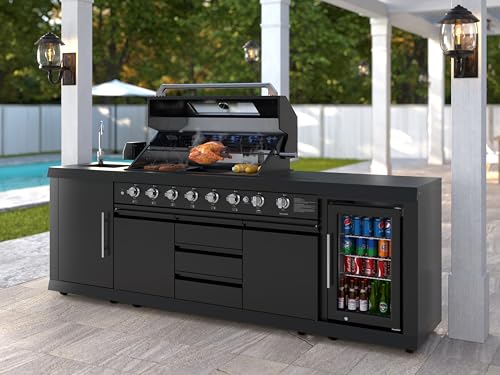 Image of KoolMore Reserve Outdoor Kitchen Island with 6 Burner Grill and a Side Burner, Sink, Storage Cabinet, and Beverage Refrigerator, CSA Listed in Sleek Black