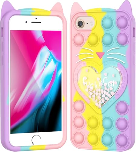 Aspack Pop Bubbles Case for iPhone 6/6S/7/8/SE, Cute Cartoon Cat Fidget Stress Relief Push Bubbles Shockproof Silicone Soft Phone Case for (Rainbow Quicksand Cat- iPhone 6/6S/7/8/SE 2020)