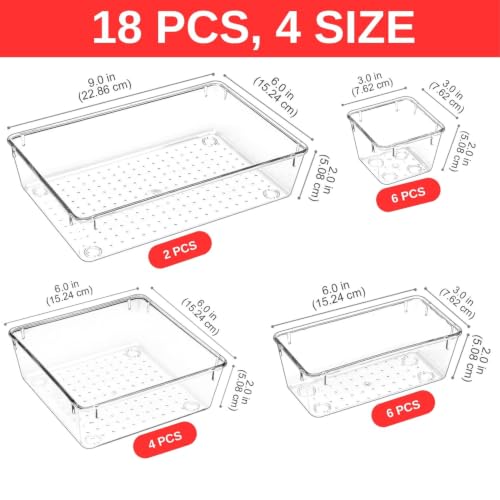Image of Aliensware 18Pcs Transparent Drawer Organizer, Versatile Bathroom and Vanity Organiser, Storage Bins for Makeup Cosmetics,Jewellery,Kitchen,Bathroom,Bedroom,Office,Gadgets