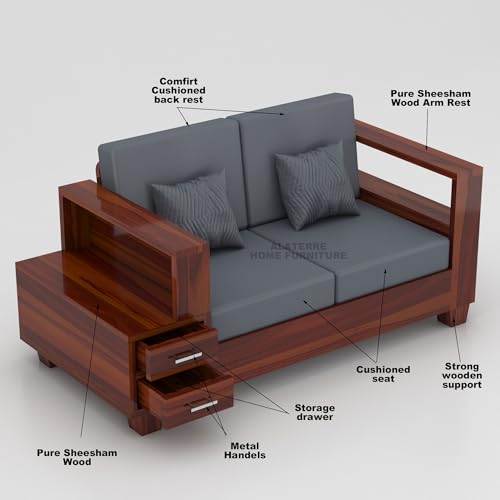 Image of Sheesham Wooden 2 Seater Sofa for Living Room | Solid Wood Sofa with Side Box Storage & Cushion | Rosewood Sofa Set for Home & Office | Lounge (Honey, 2 Seater)