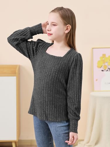 GORLYA Girls Square Neck Trendy Puff Long Sleeve Shirts Kids Ribbed Knit Tops Blouses 6-16Years4