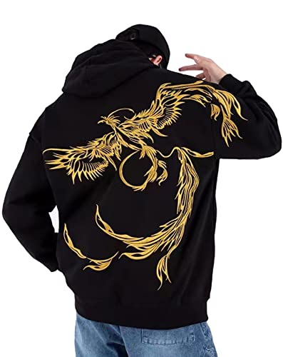 Niepce Inc Japanese Streetwear Flying Phoenix Embroidered Hoodie For Men (As1, Alpha, L, Regular, Regular, Standard, Black1) #TOP11