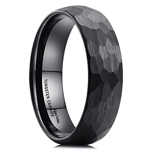 King Will 6mm Hammered Tungsten Rings for Men Women Domed Black Brushed Engagement Mens Wedding Band 9.5